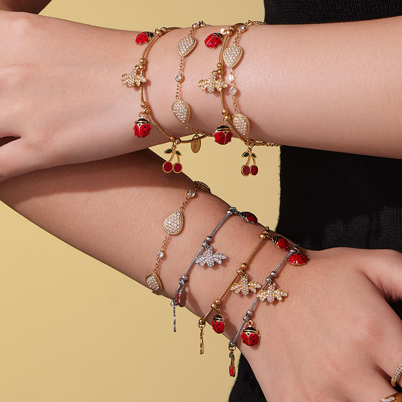 18K Gold Plated Women's Zircon Bracelet with Cherry Pendant, Bohemian Style Jewelry Gift