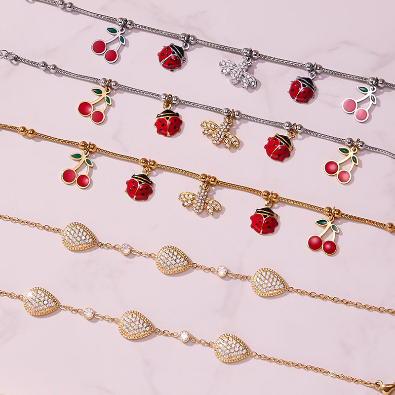 18K Gold Plated Women's Zircon Bracelet with Cherry Pendant, Bohemian Style Jewelry Gift