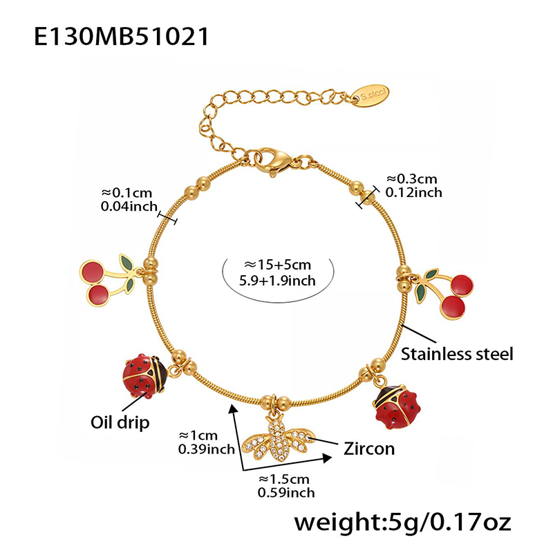 18K Gold Plated Women's Zircon Bracelet with Cherry Pendant, Bohemian Style Jewelry Gift