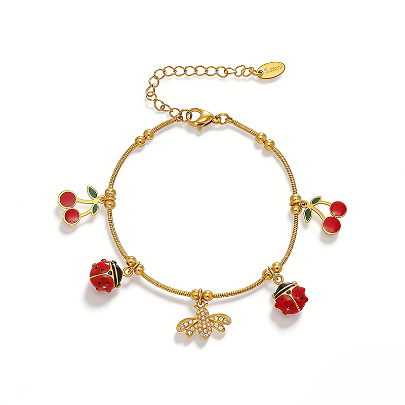 18K Gold Plated Women's Zircon Bracelet with Cherry Pendant, Bohemian Style Jewelry Gift