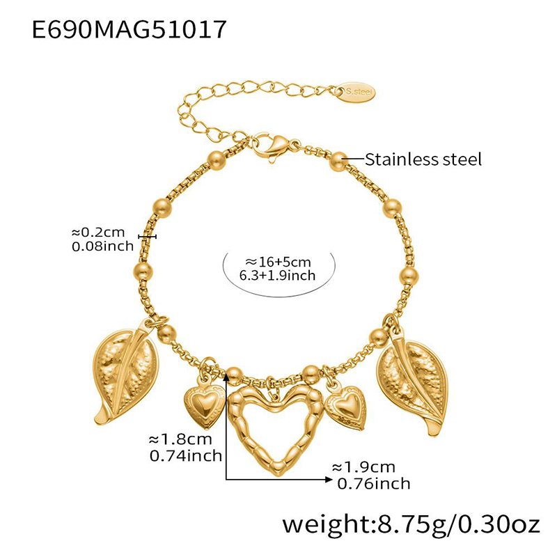 Women's bracelet with heart-shaped pendant, Bohemian style, 18K gold plated, non-fading, holiday-style jewelry