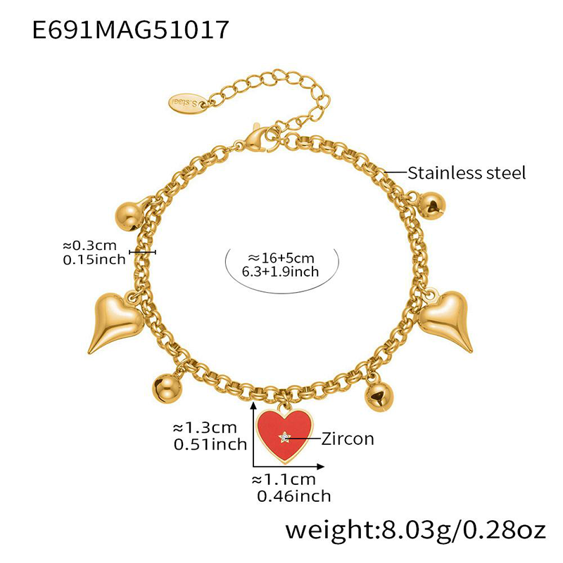 Women's bracelet with heart-shaped pendant, Bohemian style, 18K gold plated, non-fading, holiday-style jewelry