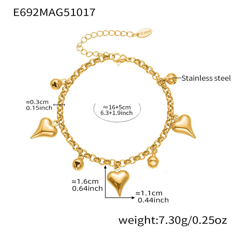 Women's bracelet with heart-shaped pendant, Bohemian style, 18K gold plated, non-fading, holiday-style jewelry